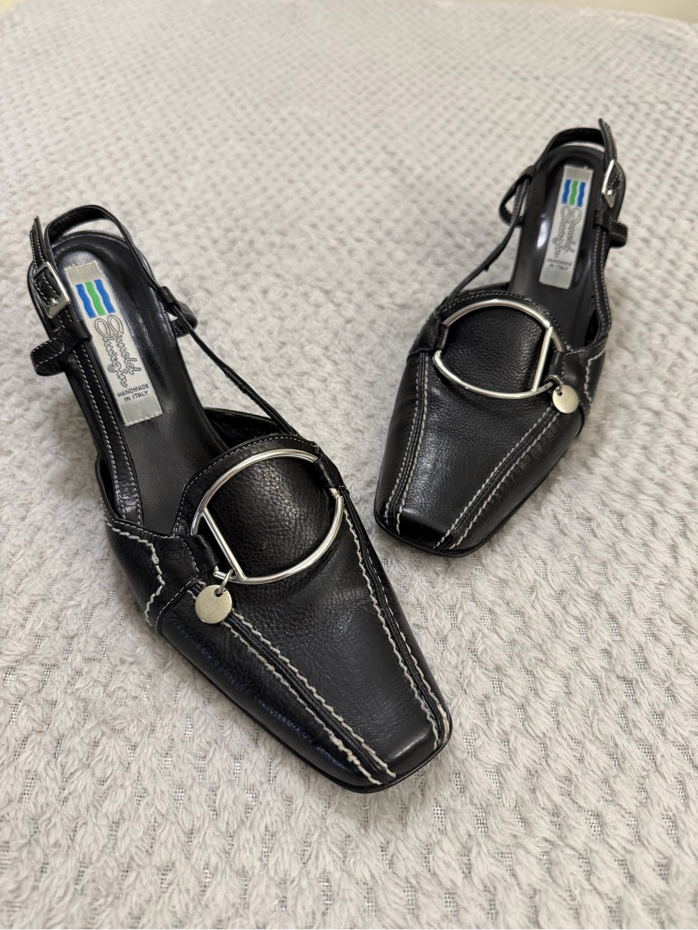 Arnold Churgin Black Leather Slingback Mules with Silver Hoop Accent